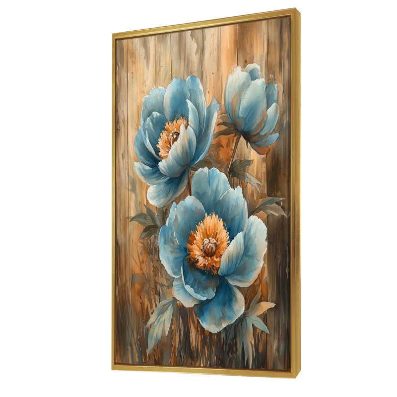 Pivoines bleues dans la basse-cour II - pivoines, art mural, H 60 po x l 28 po, Impression encadrée sans passe-partout, Doré