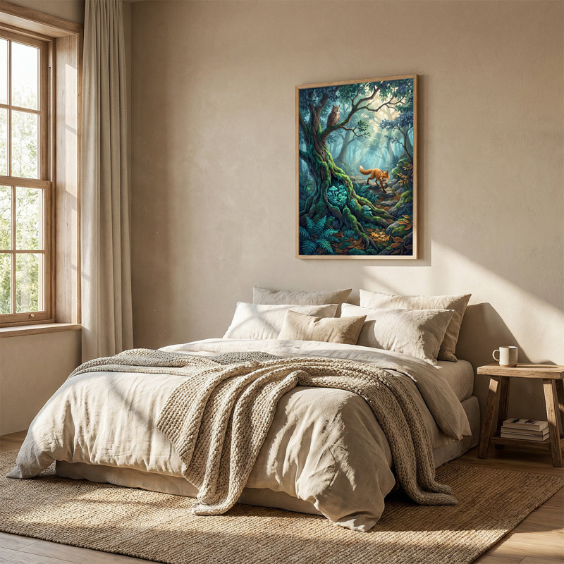 «Red Fox and Owl in Misty Forest with Glowing Mushroom», art mural sur toile, H 48 po x l 32 po