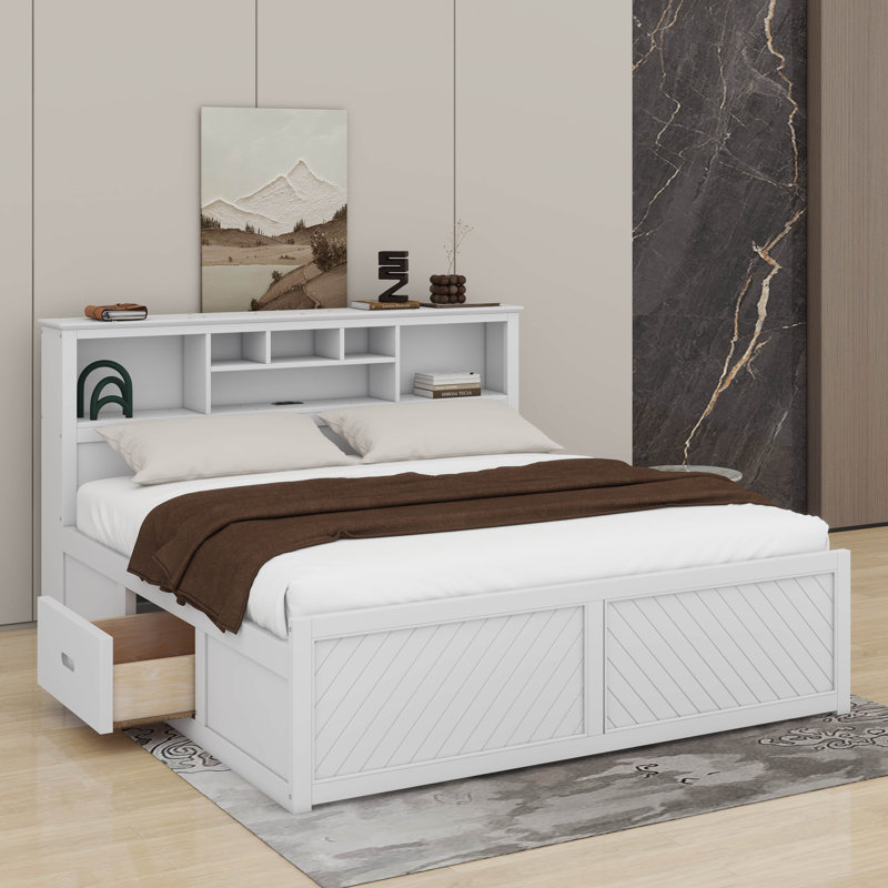 Lit plateforme très grand en bois avec tête de lit multi-rangement, USB et 2 tiroirs, Blanc