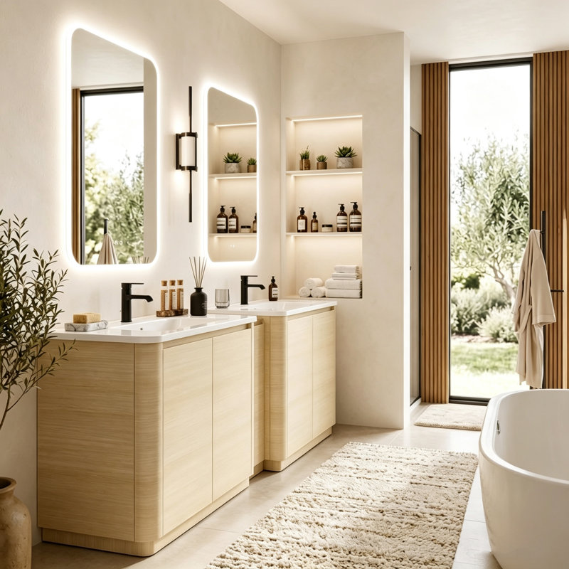 Meuble-lavabo double moderne avec éviers en céramique et armoire de rangement centrale, ensemble d'armoire écologique en contreplaqué sans peinture, portes à fermeture en douceur et tablettes réglables, autoportant