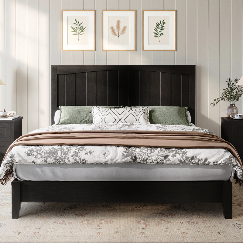  Adainville 48.4" Full Size Solid Wood Bed Frame With Panel Headboard,Black, Black, Full 