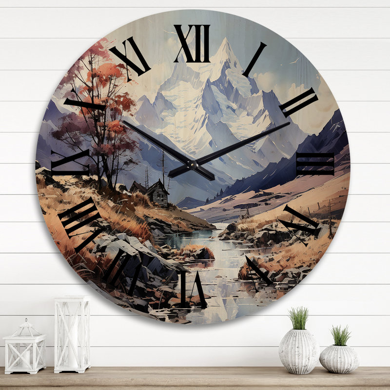 Mountains Majestic Peaks Pointillism I - Landscapes Oversized Wood Wall Clock, Extra Large