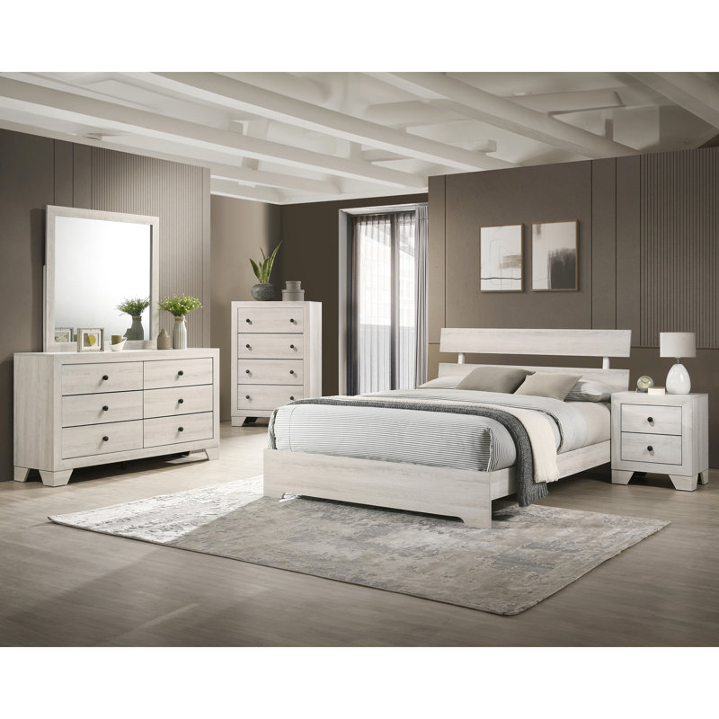 Lit plateforme simple rustique, finition blanc délavé, conception à profil bas, bois massif, lit contemporain pour cadre de chambre de jeunes, meubles robustes