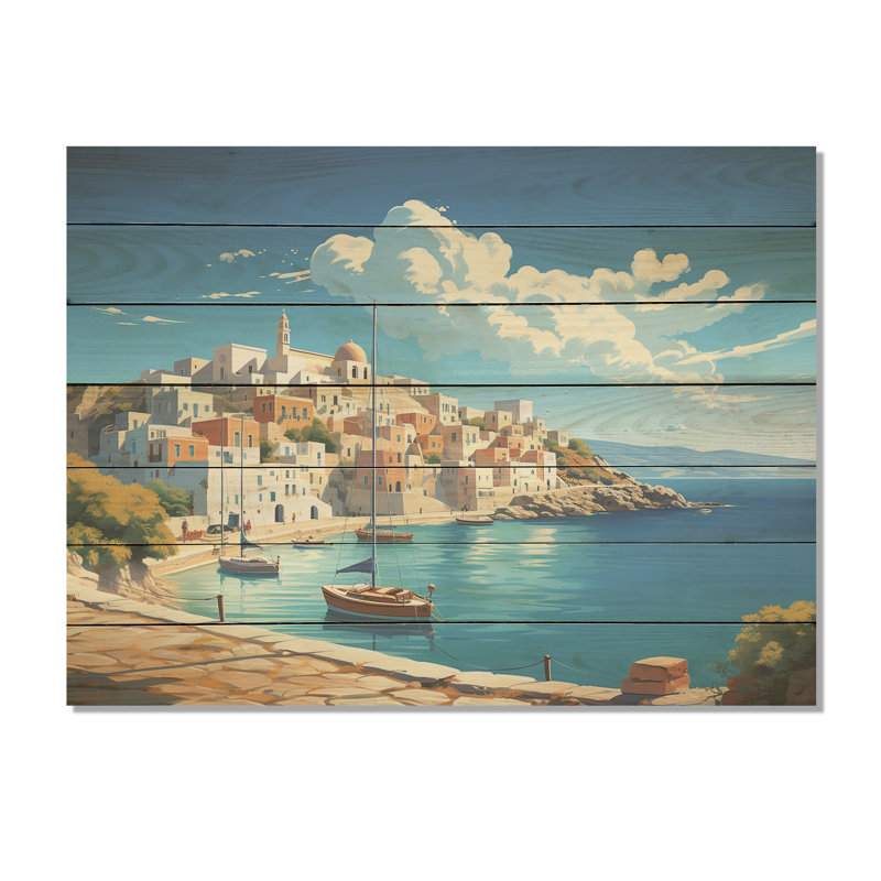 Syros Serenityscape II - Paysage portuaire côtier sur bois, H 30 po x l 40 po x P 0,78 po
