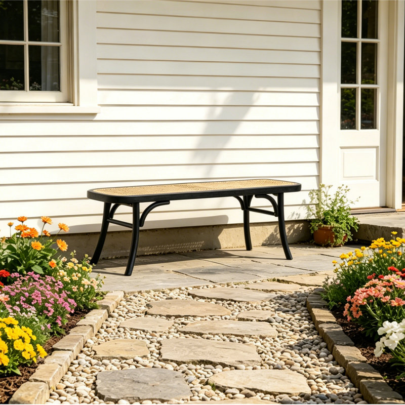 Allexandria Modern Rattan Bench with Wooden Legs Benches, Black
