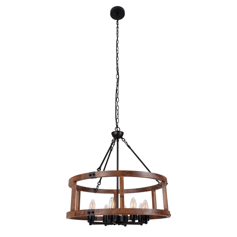 Lustre tambour rustique en bois brun 8 lumières Farmhouse pour îlot de cuisine sans ampoules incluses