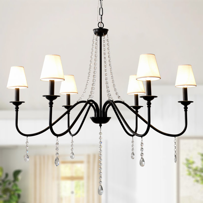 Lustre 35 pouces en cristal de style campagnard noir 35 lumières avec abat-jour en tissu, luminaire suspendu de style bougie classique pour chaîne de salle à manger, vestibule, salon