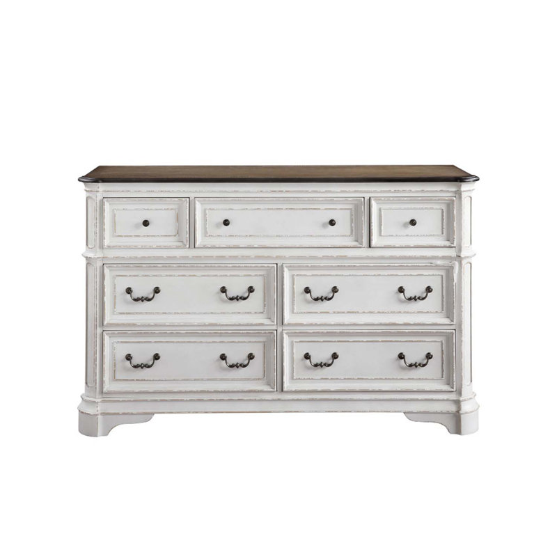 Commode 7 tiroirs Florian, finition blanc antique et chêne