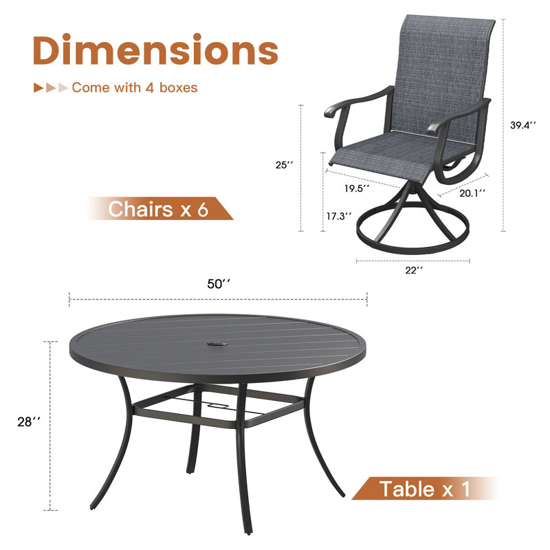 6-Person Patio Dining Set with 50" Round Dining Table and 6 PVC-coated polyester Swivel Dining Chairs, Black