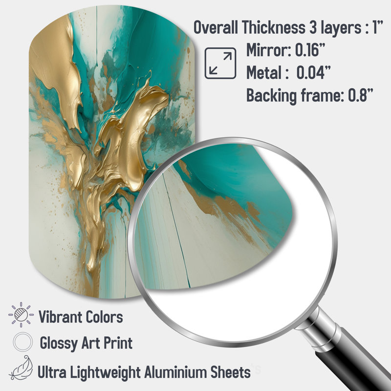 Gold And Turquoise Marble Fluid Ink II - Marble Asymmetrical Metal Wall Art, Gold Cylinder Metal Art Print