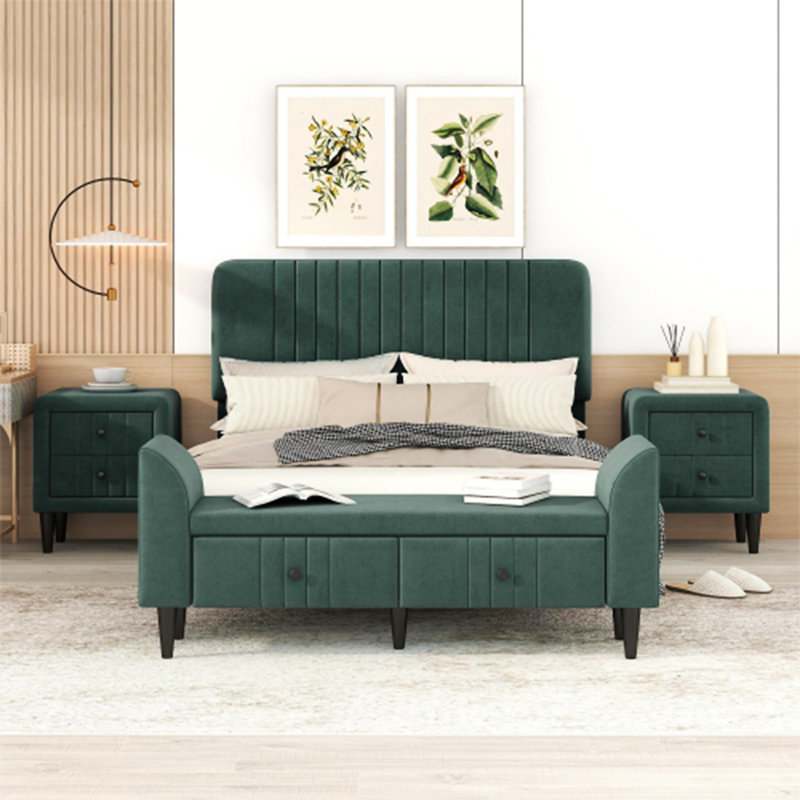 Ensemble de chambre avec lit plateforme 4 pièces avec tables de chevet et banc Amdi, Double, Vert