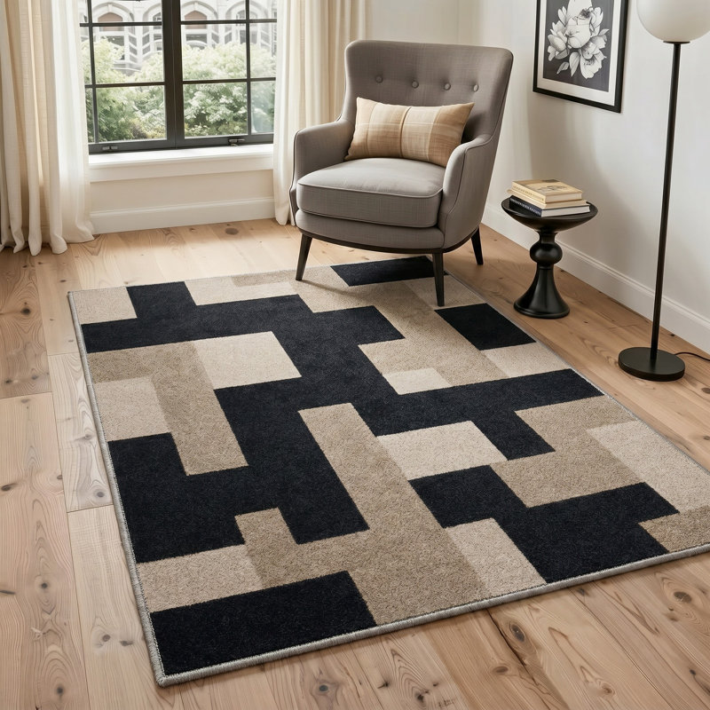 Tapis noir / beige à motif géométrique lavable à la machine avec envers antidérapant, Rectangle 5 pi x 7 pi