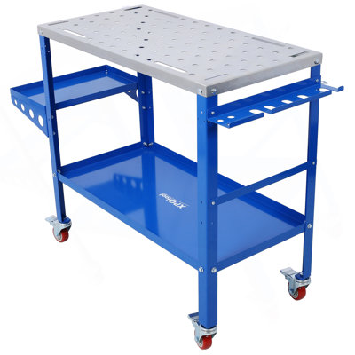 Welding Table 36"X18", 1200Lbs Load Capacity Steel Welding Workbench Table On Wheels, Portable Work Bench With Braking Lockable Casters,  Tool Slots, 5/8-Inch Fixture Holes, Tool Tray