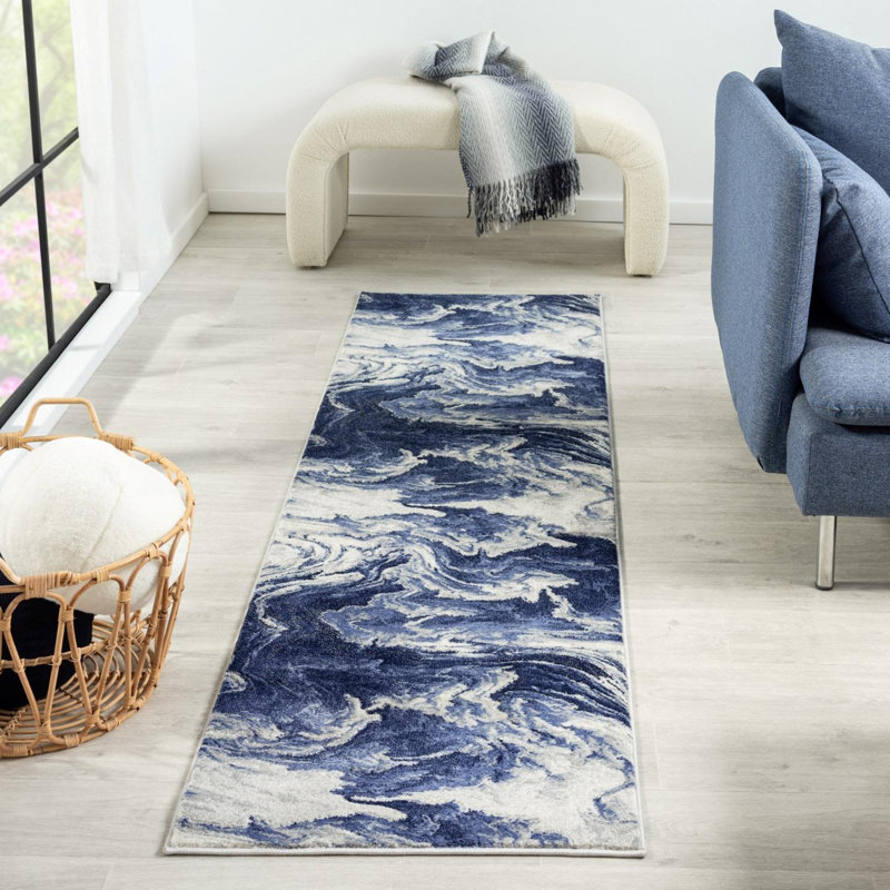 Jacleen Abstract Machine Woven Polypropylene Area Rug in Blue, Runner 2'2" x 7'5"