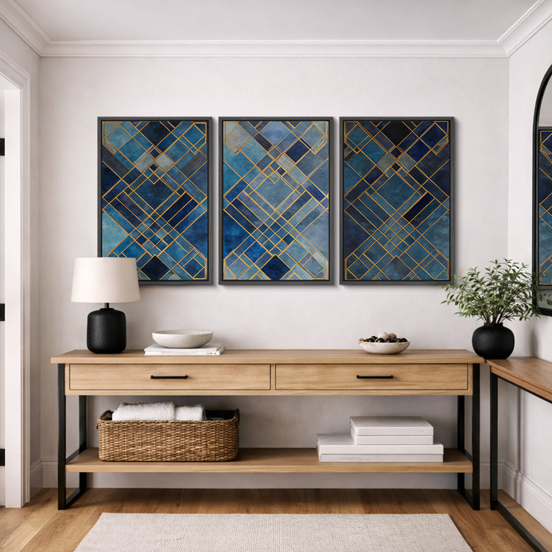 Art géométrique bleu et doré, images de salon, impression sur toile encadrée, 3 pièces, H 36 po x l 72 po x P 1,5 po