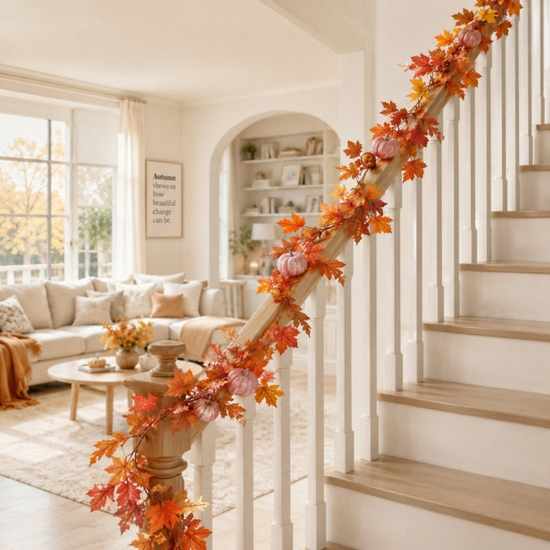 Guirlande de feuilles de chêne artificielles 5,94 pi avec citrouilles décoratives, manteau de l'Action de grâce et escalier de verdure