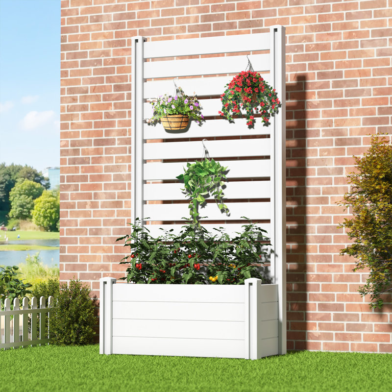 Boîte à fleurs d'extérieur rectangulaire blanche en vinyle avec treillis pour plantes grimpantes d'extérieur