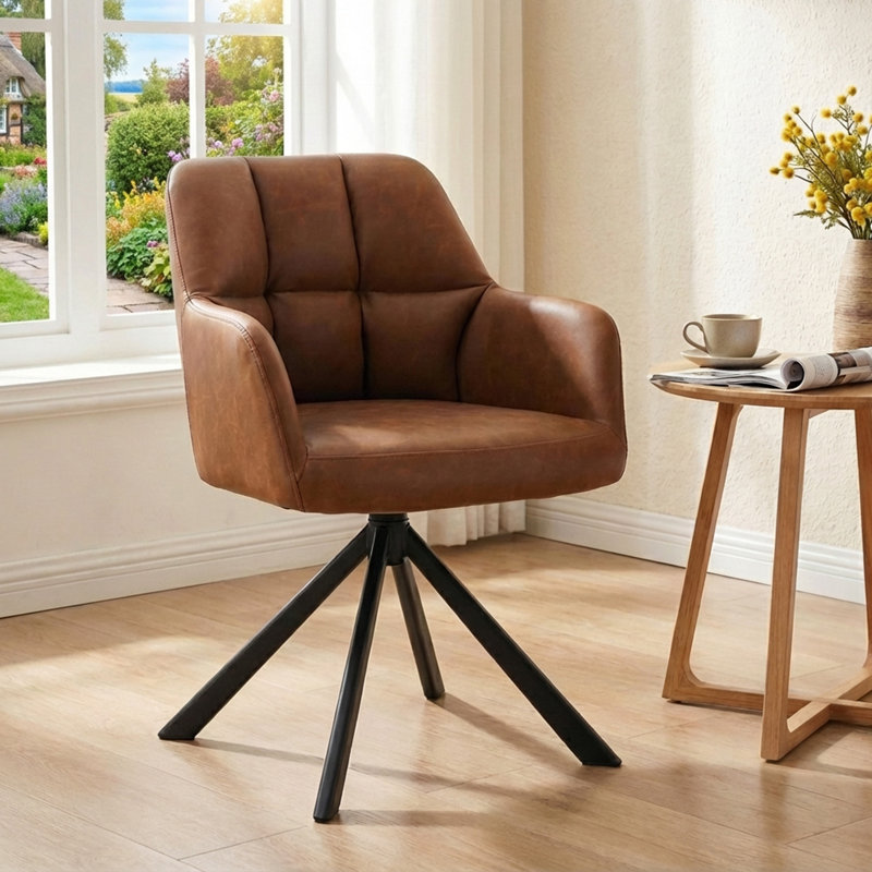 Khac Faux Leather Swivel Office Chair with Fixed Arms , Brown