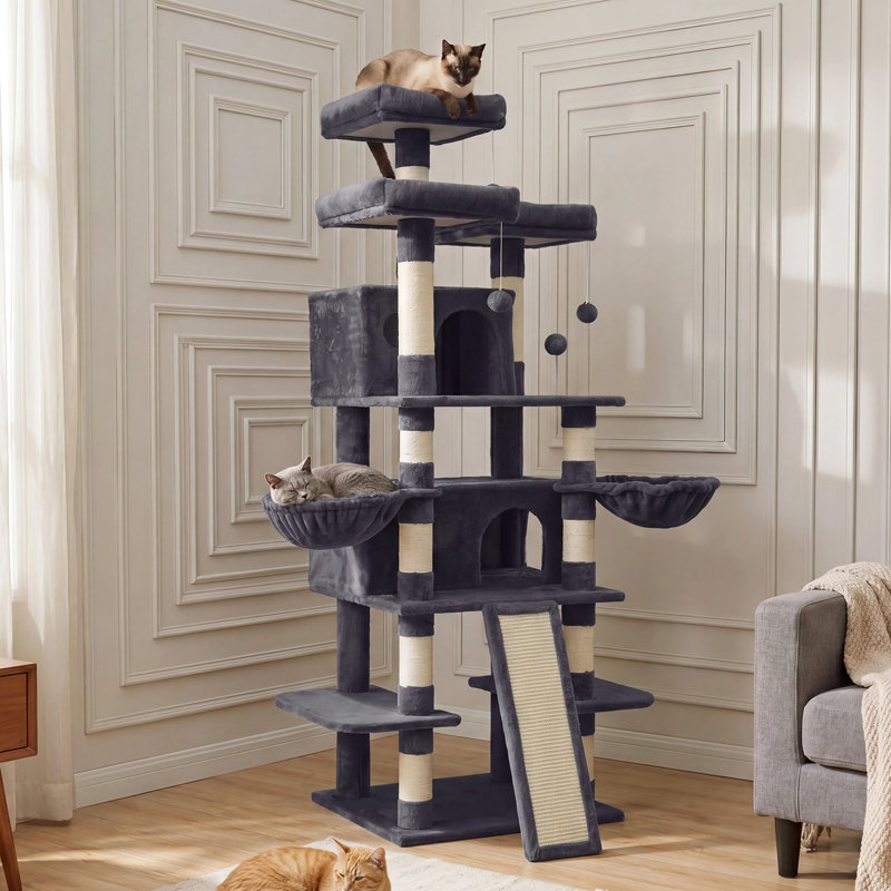 Arbre à chat 68 po à plusieurs niveaux avec condos, poteaux à griffer et paniers suspendus, conception anti-basculement
