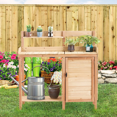 Outdoor Multifunctional Potting Bench Table With Sink, Garden Workstation For Gardening Supply Management, Sliding Tabletop, Removable Tray, Cabinet, Shelf, Hooks, Natural Wood Sink Patio Lawn