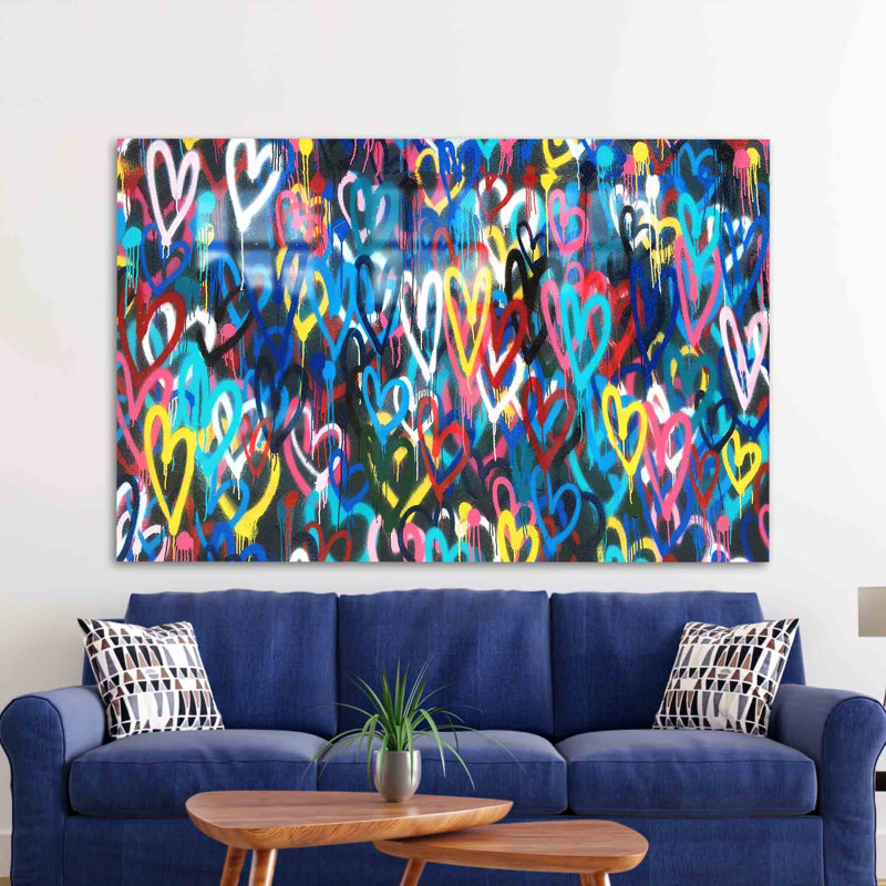 Tempered Glass Wall Art Featuring Abstract Love and Banksy Hearts Design Ideal for Home and Office Decor, 9.1" H x 14.2" W