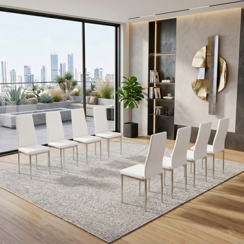 Aniesha Modern Faux Leather Dining Chairs Set of 8, Diamond Quilted High Back Side Chairs with Slim Chrome Metal Legs, White