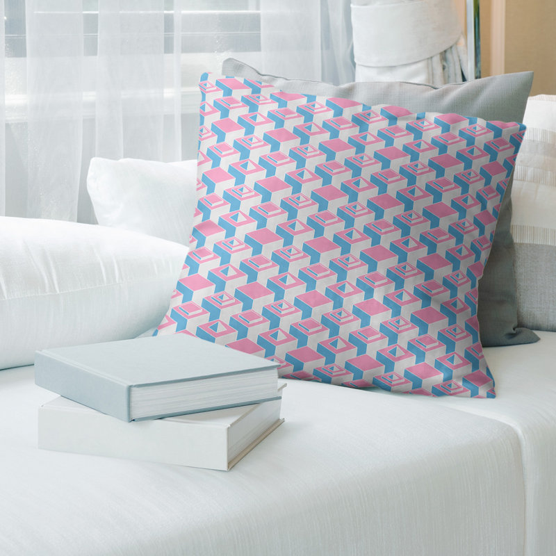 Housse de coussin Skyscrapers, 14 po x 14 po, Rose clair / sarcelle, Croisé en coton