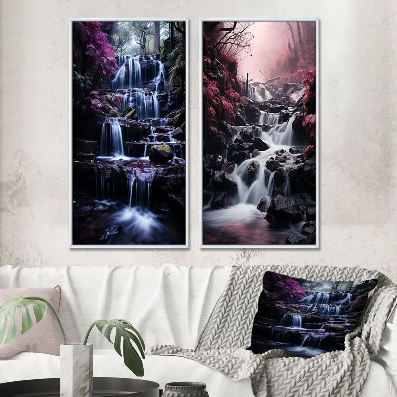 «Pink Grey Waterfall Misty Reverie», 2 pièces sur toile, Cadre blanc, H 32 po x l 32 po
