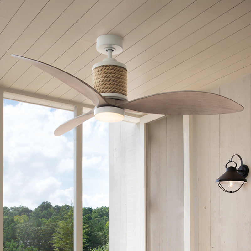 Marin 60" Indoor/Outdoor Integrated LED Nautical Rope-Wrapped Ceiling Fan with Remote, Matte White, Weathered Wood
