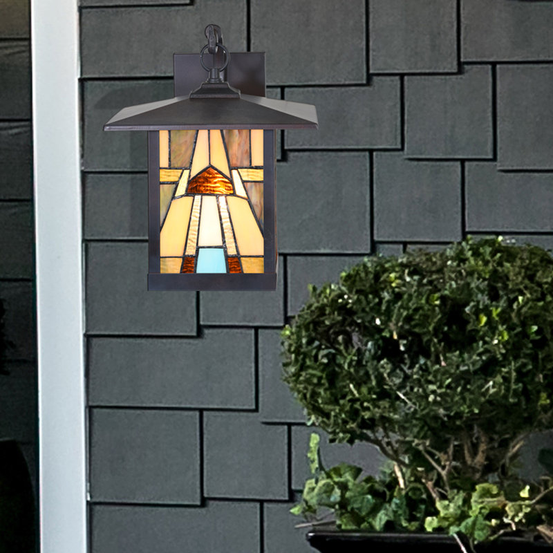 Lashasta 11.75" H Stained Glass Outdoor Wall Lantern, Yellow/Brown