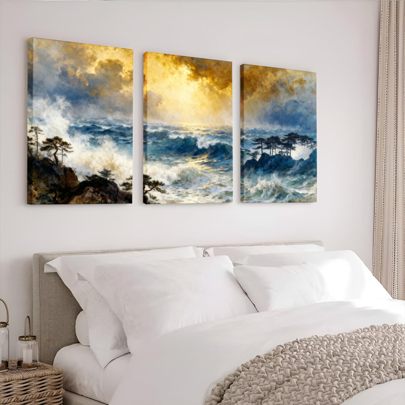 Tableau sur toile tendue représentant des vagues de l'océan et un coucher de soleil (lot de 3), H 36 po x l 72 po