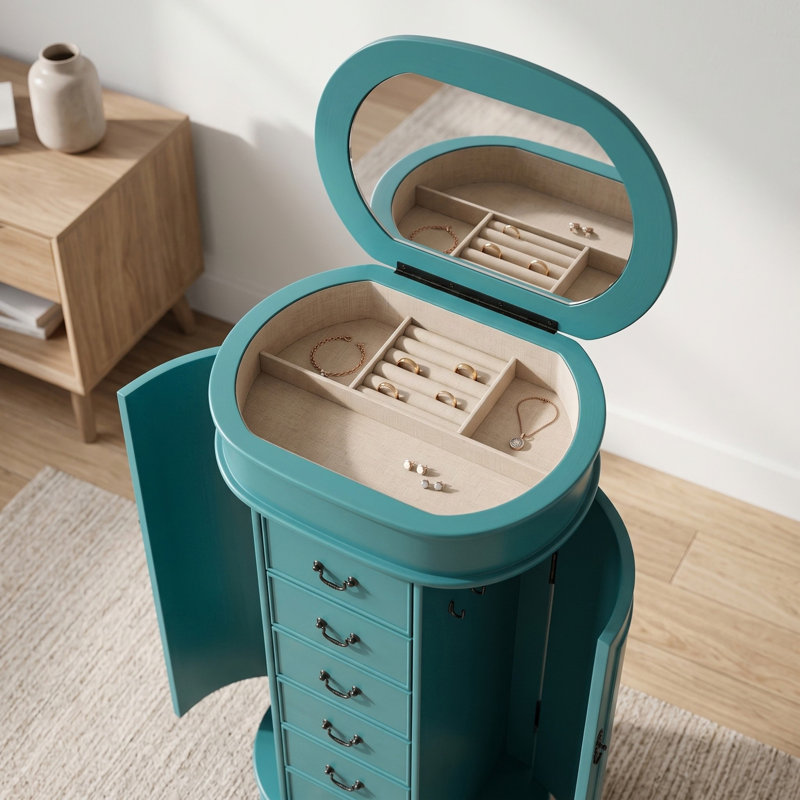 Armoire à bijoux autoportante ovale avec miroir Highfill, Turquoise