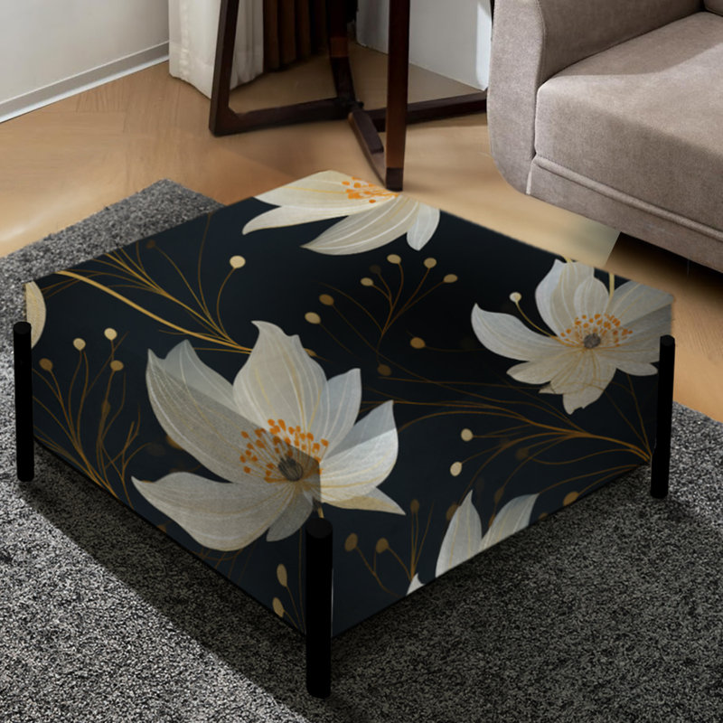 Noir et ivoire Motif floral élégant - Grand repose-pieds carré floral