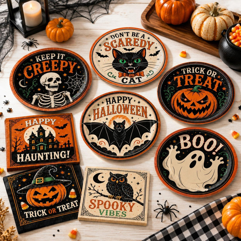 Service de table d'Halloween vintage (60 pièces), comprenant des assiettes plates de 23 cm, pour 30 personnes. Parfait décor pour une fête d'anniversaire ou d'Halloween.