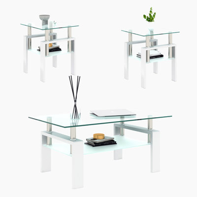 Table basse 3 pièces, table basse carrée en verre