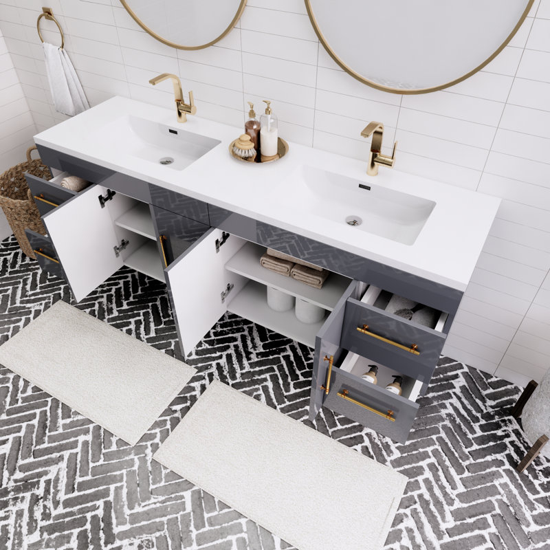 Spring 72'' Double Bathroom Vanity with Acrylic Top, Gloss Gray