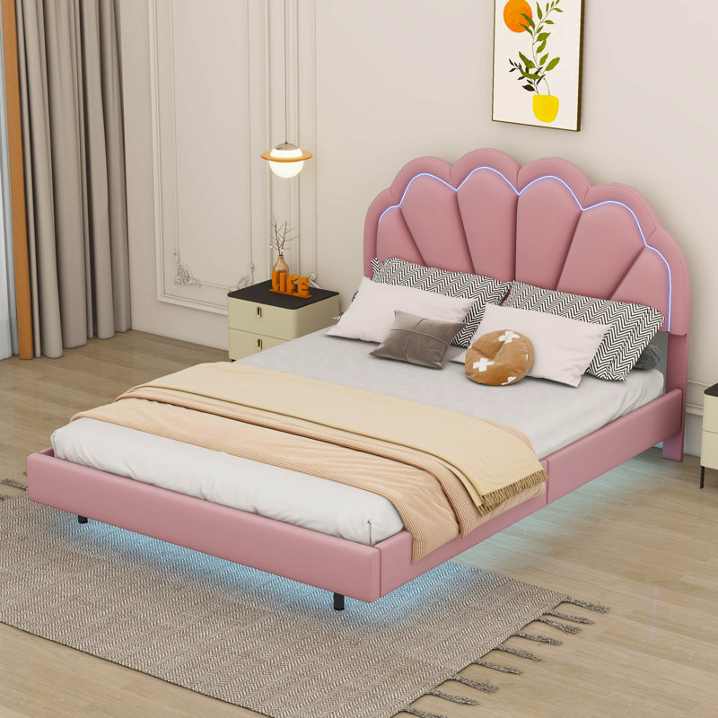 Lit plateforme tapissier à profil bas, Double, Rose