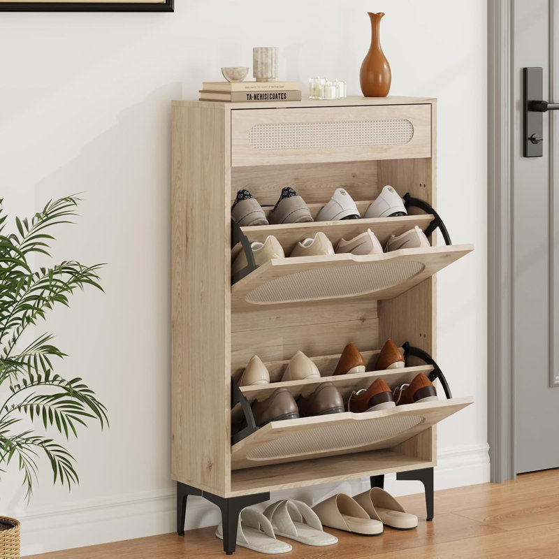 8 Pair Flip Down Shoe Storage, Natural Wood