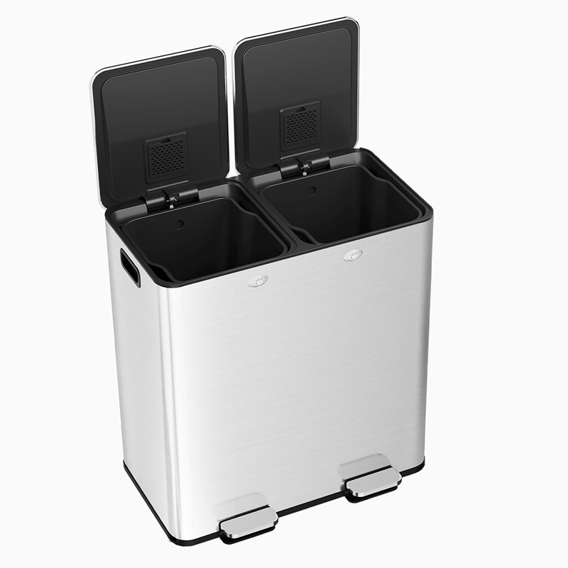 Poubelle 60L / 16 gallons en acier inoxydable avec deux compartiments et pédale, poubelle de cuisine et de bureau