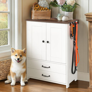 Convenient Dog Feeding Station With Double Door Locker, Adjustable Bowls, And Storage Hooks, Ideal For Tidy Pet Care