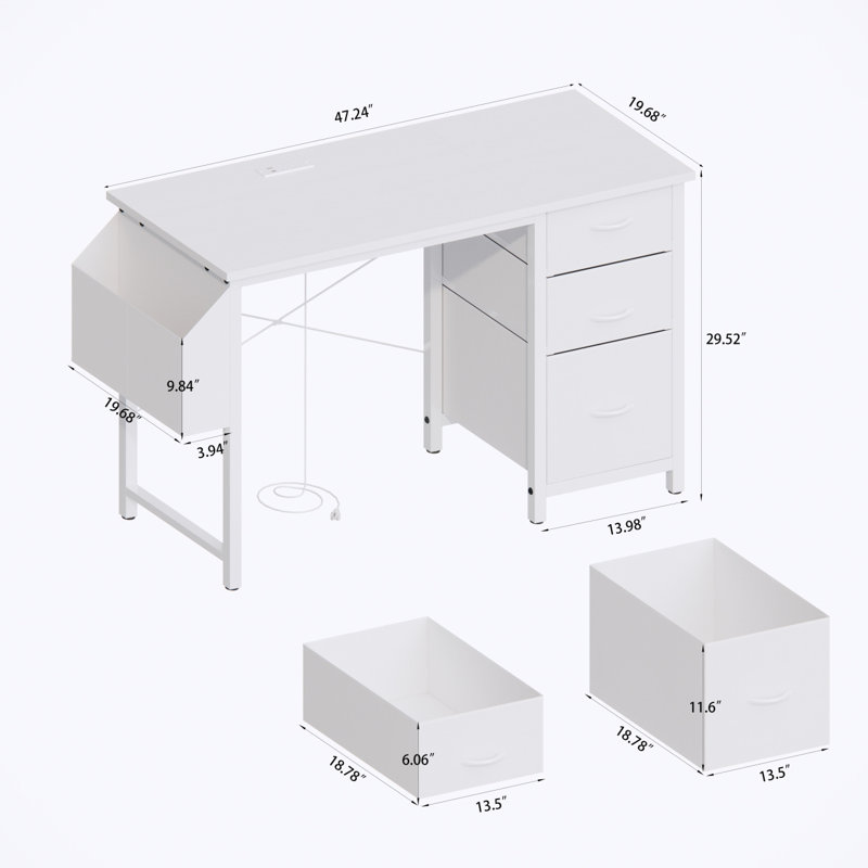 47"Office Desk With Power Outlet,3Drawers And Side Pocket, Easy To Assemble,Frame Stability Reversible For Home Office Study