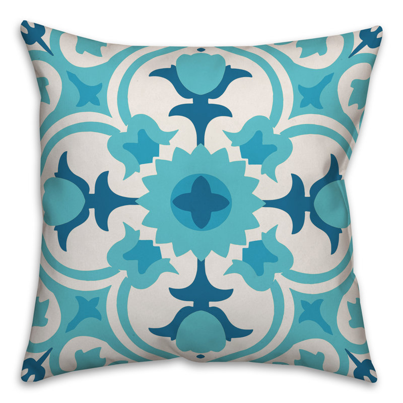  Coussin d'extérieur carré espagnol, 18 po x 18 po, Pas de bourre, Sarcelle / Bleu / Blanc