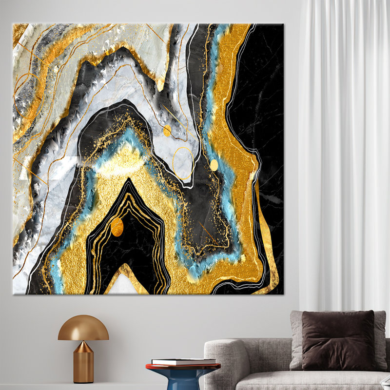 Art abstrait abstrait noir et doré à l'encre alcool sur toile moderne scintillante pour décoration murale, H 31 po x l 31 po