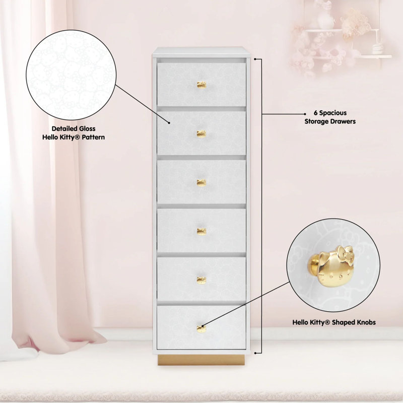Meuble de rangement pour meuble-lavabo à 6 tiroirs Hello Kitty Hello Kitty, Or blanc