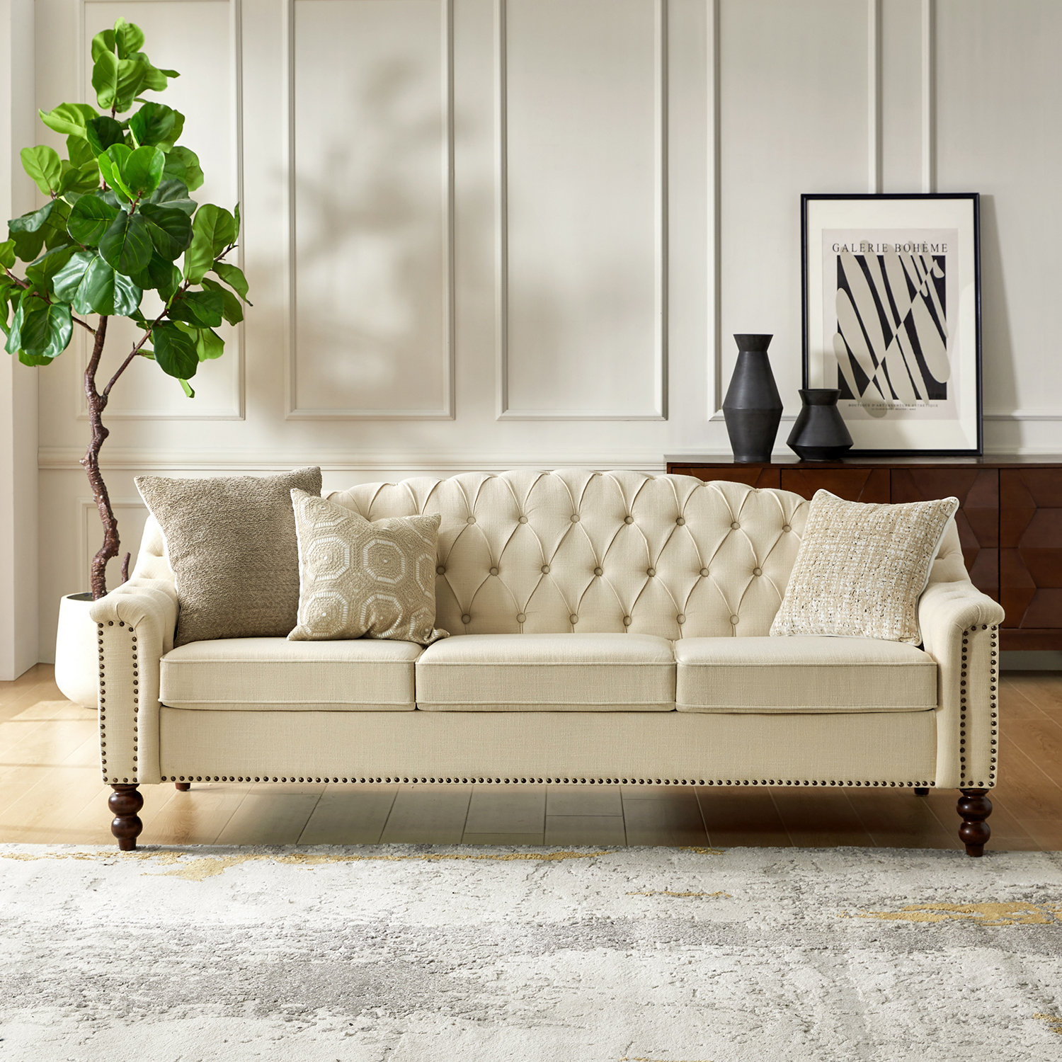 House of Hampton Erp Traditional Button-Tufted Sofa with Solid Wood ...