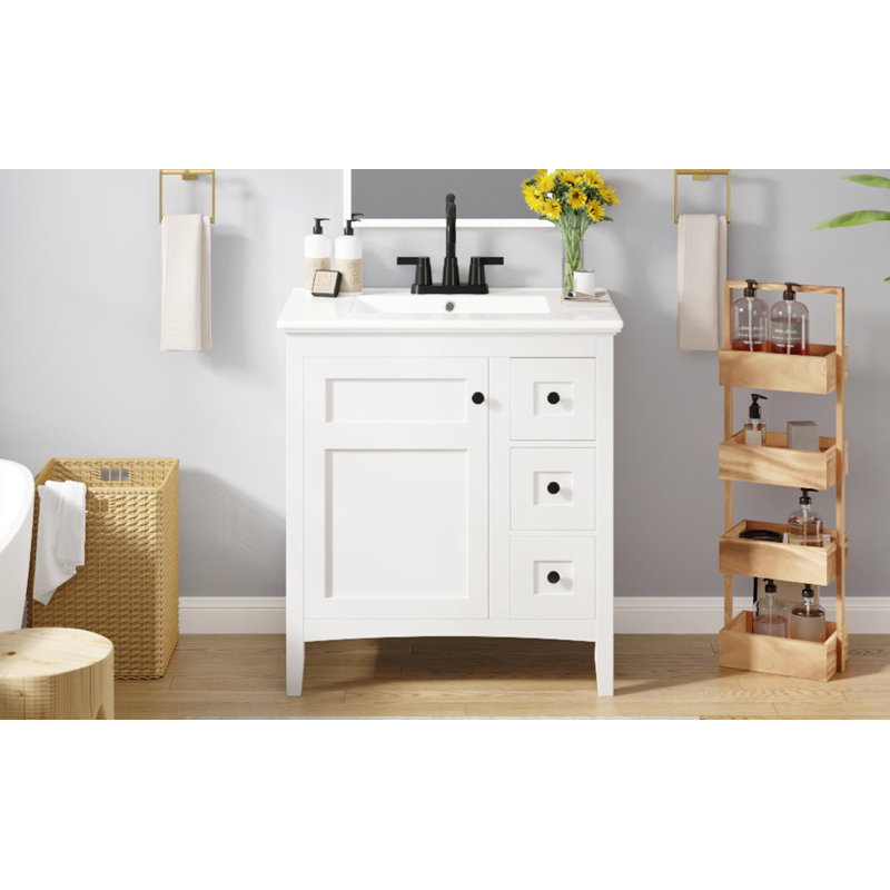 Meuble-lavabo moderne de 30 po avec lavabo en céramique, 3 tiroirs, meuble de rangement moderne en bois massif, idéal pour la maison