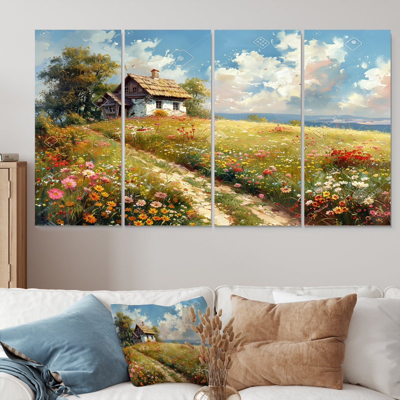 Maison de campagne blanche dans un pré fleuri - ensemble de décorations murales paysage 4 pièces, H 28 po x l 48 po