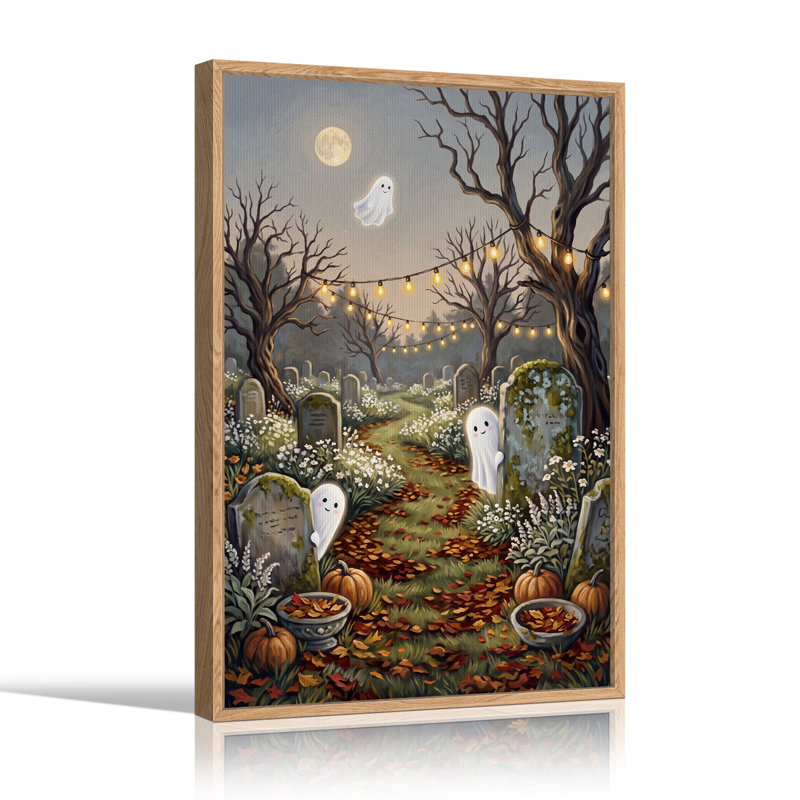 Mignon, fantôme dans un cimetière d'automne avec citrouilles d'Halloween, art mural, H 48 po x l 32 po