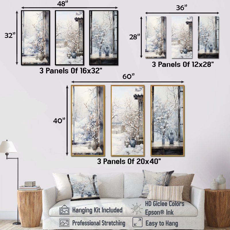 «Floral Snow Window View In Winter I», ensemble d'art mural sur toile Japon, Cadre flottant doré, H 32 po x l 48 po