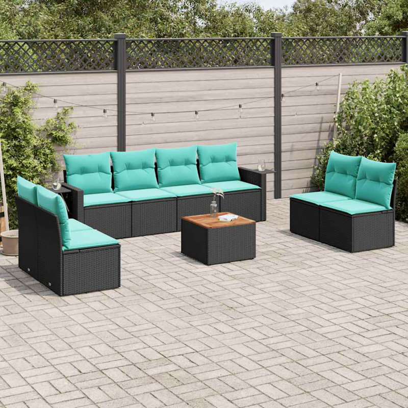 Ensemble de canapé de patio 9 pièces avec coussins en rotin de polyester, Bleu, Noir